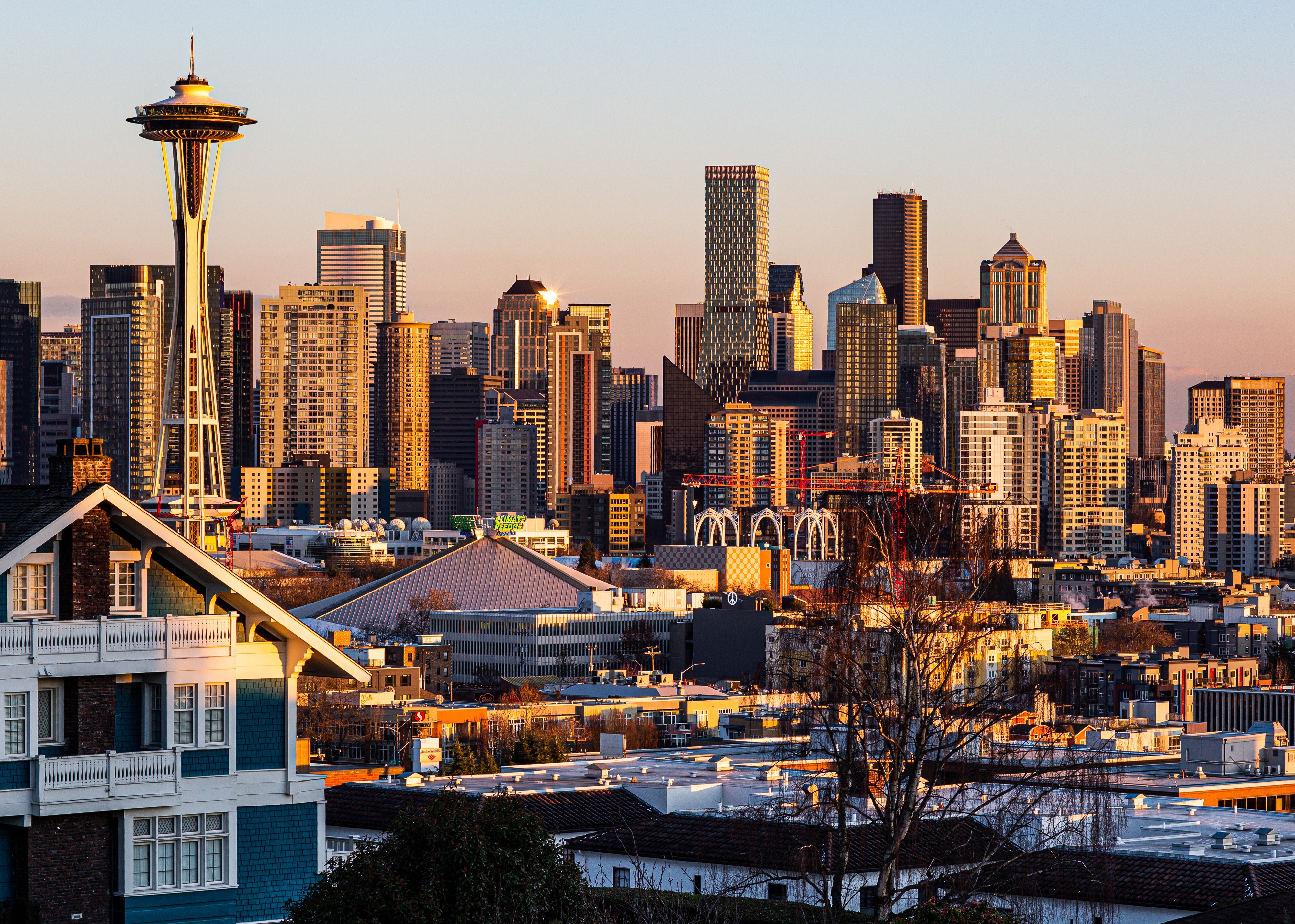 Seattle skyline at sunset.