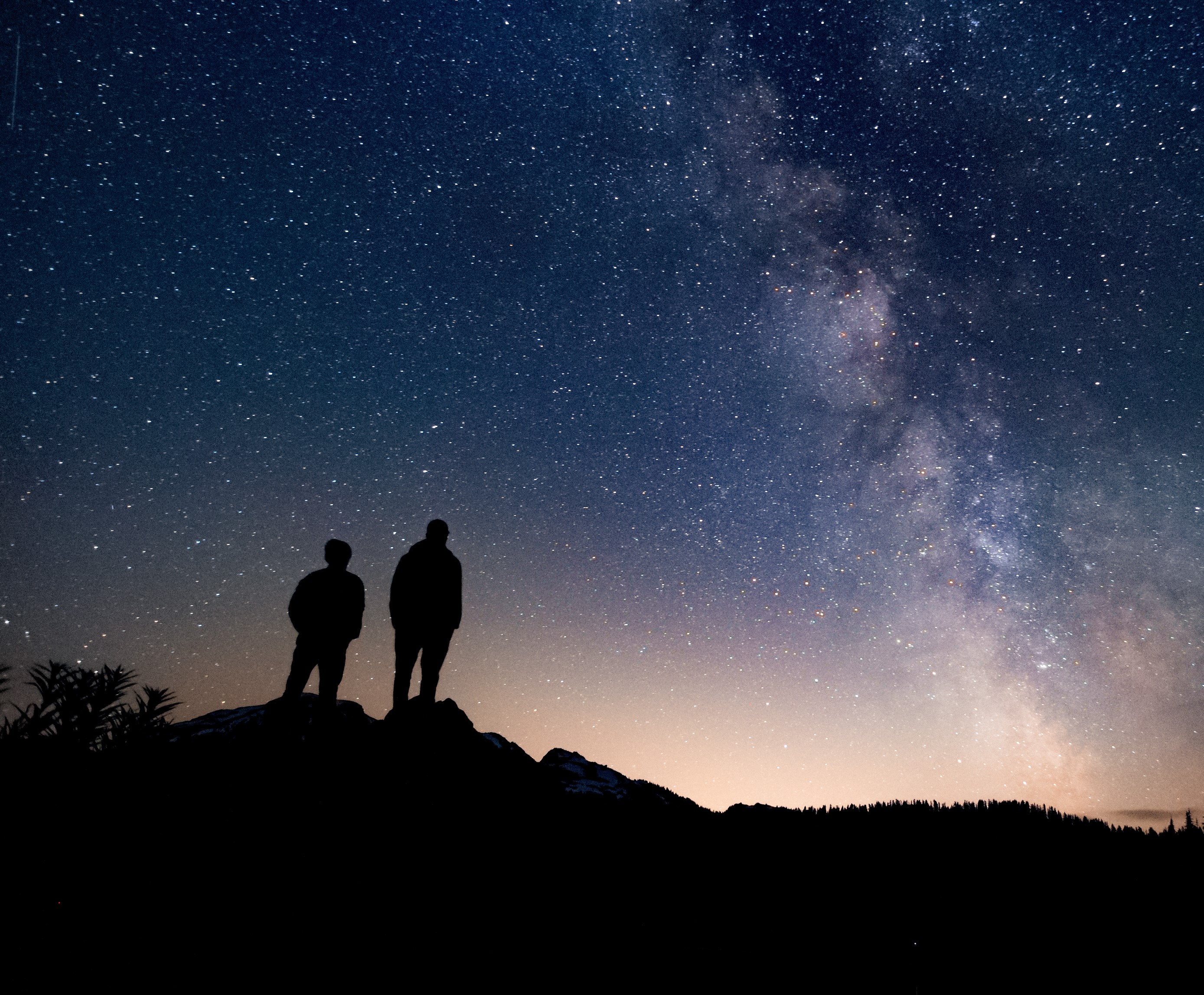 Silhouettes of two people against a night sky.