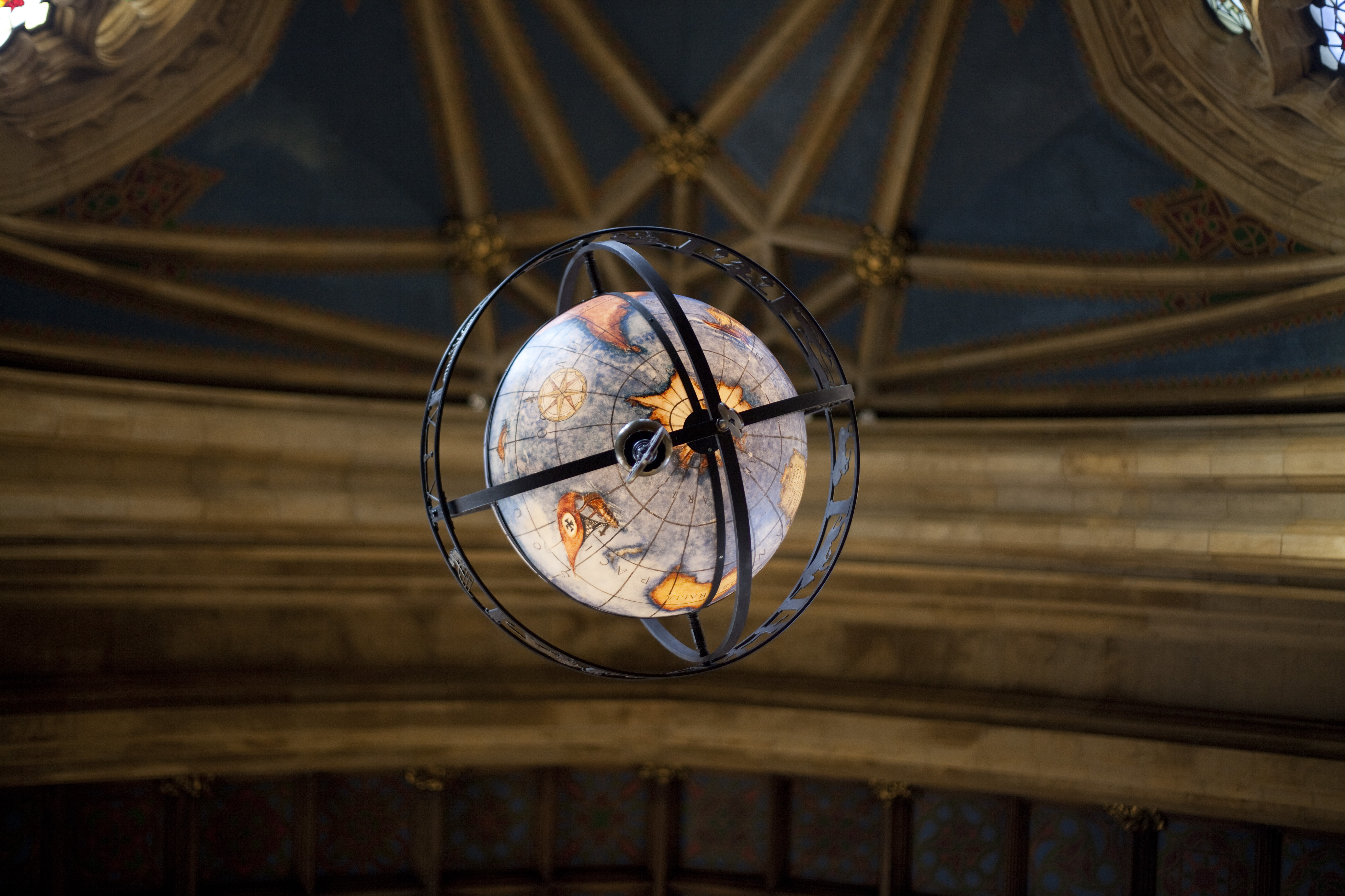 Globe hanging in interior of Suzallo Library.
